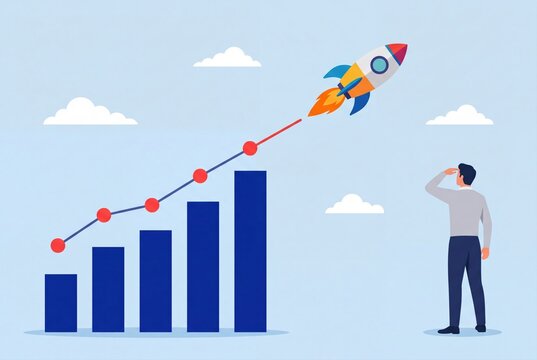 Businessman watching a rocket launch above a growing financial bar chart for business growth.