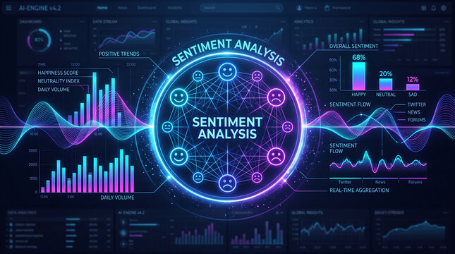 Futuristic ai sentiment analysis dashboard with data visualization, charts, and network of emotional facial icons
