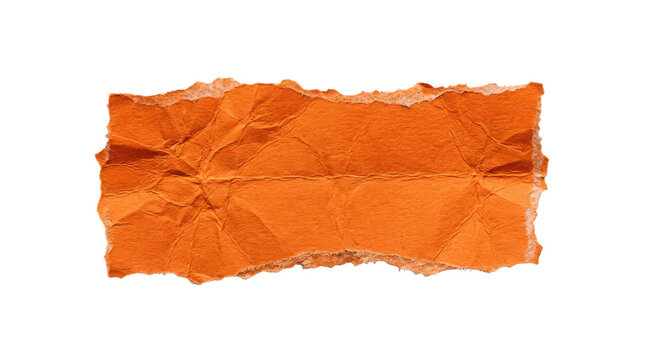 Crumpled orange paper scrap with torn edges isolated on transparent background