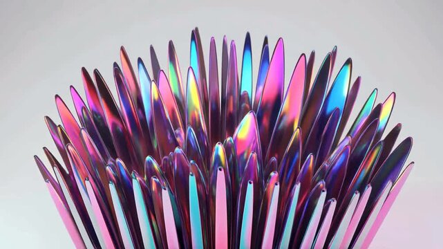 Spikes with a metallic iridescent sheen burst outward from a central focal point, forming a vibrant abstract sculpture against a light gradient background.