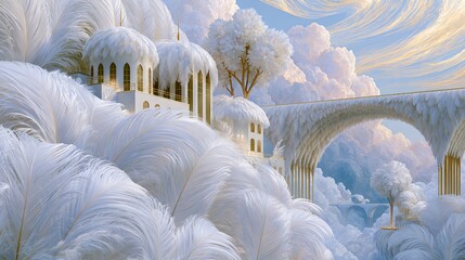 Fototapeta premium Fantasy white city with elegant architecture and bridge in ethereal landscape