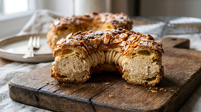 Sliced paris brest choux pastry ring filled with smooth praline cream on a rustic wooden cutting board in a kitchen traditional mousseline delicious