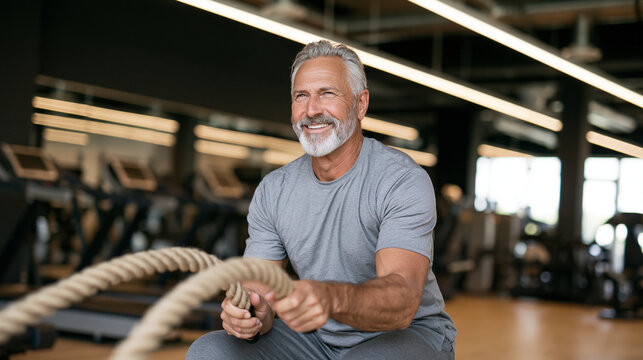 Elderly man performing controlled battle rope exercises in a modern gym, strength training, endurance, active aging, senior fitness, healthy lifestyle, muscle health,