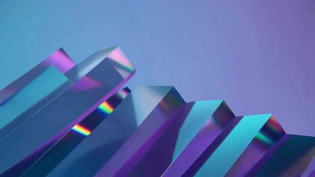 Crystal pillars arrayed diagonally reflect vibrant purple and cyan light rays to produce a dynamic abstract 3D background designed for modern technology and creative presentations.