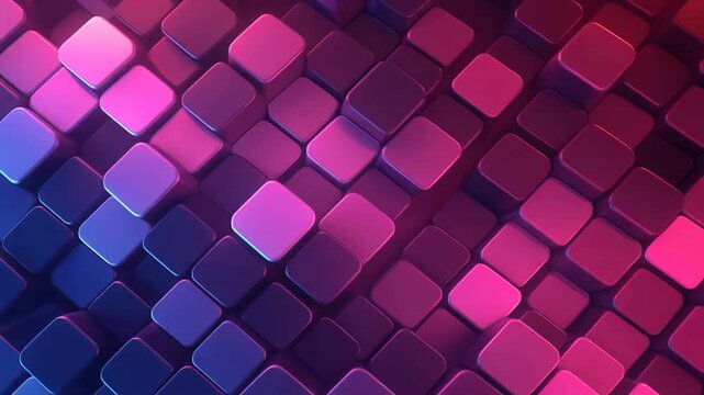 Cubes rendered in glowing neon purple and blue shades form a vibrant three-dimensional abstract grid background suitable for modern technology and digital art presentation themes.