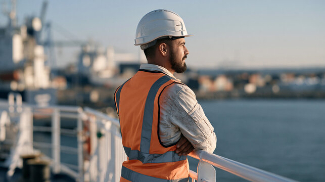 A ferry deckhand in a hi-visibility vest stands alone at the railings of a busy harbor vessel, morning cargo route, uniform weathered by salt air, commercial maritime worker