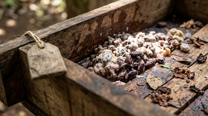 Fototapeta premium Small batch of fermenting cocoa beans inside a weathered wooden container with a hanging tag chocolate fermentation agriculture production ingredient