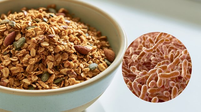 Granola with nuts and seeds shown beside magnified bacteria, representing Salmonella contamination, recalled ingredients, food safety investigation and consumer risk