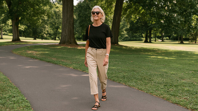 Older adult walking confidently along a park pathway as part of a daily fitness routine, healthy aging, active senior living, walking exercise, mobility, cardiovascular health,