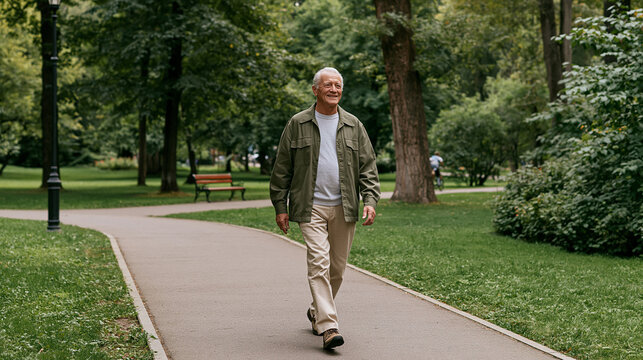 Older adult walking confidently along a park pathway as part of a daily fitness routine, healthy aging, active senior living, walking exercise, mobility, cardiovascular health,