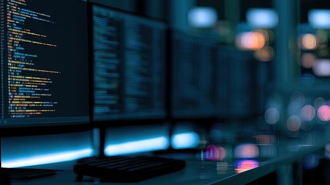 Multiple screens displaying lines of code in a dimly lit room with bokeh lights