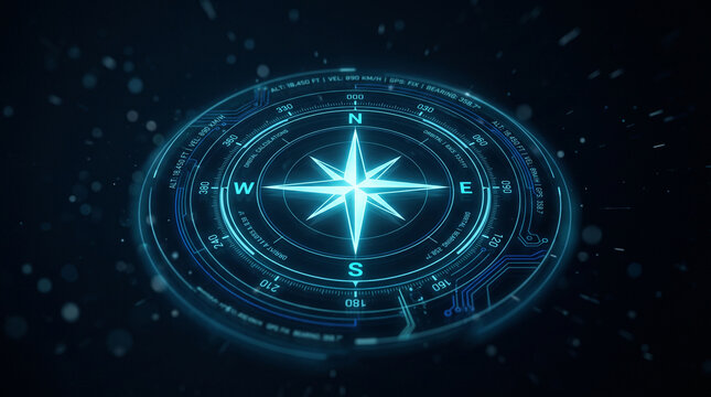 Futuristic digital compass hud interface with navigation data and glowing light effects in deep space