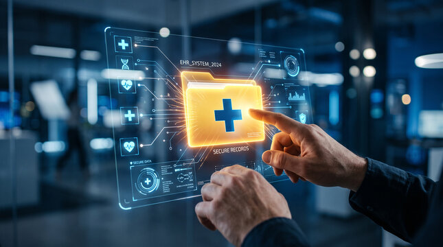 Doctor interacting with a futuristic digital interface displaying secure electronic health records in a modern hospital