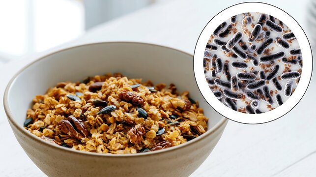 Bowl of granola with nuts, seeds and magnified bacteria graphic, illustrating contaminated ingredients, Salmonella recall, food safety and supply chain traceability