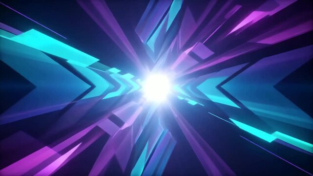 Futuristic speed tunnel with glowing neon geometric beams zooming toward a bright central light offers a high-energy background concept for technology and digital dynamic media.
