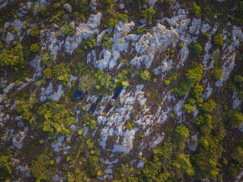 Aerial view of the rocky landscape of Sando with scattered trees, patches of heather, and small pools of water illuminated by golden hour light in Vallda, Hallands lan, Sweden.