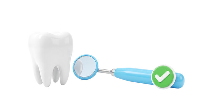 Healthy tooth and dental mirror with check mark symbol isolated on transparent background