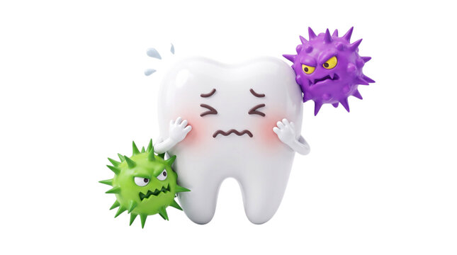 Sad tooth character attacked by germs and bacteria isolated on transparent background