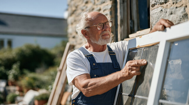 An elderly glazier in a quiet village garden examines a leaded window panel propped against a stone wall, heritage glass craft skill, traditional building restoration trade, rural