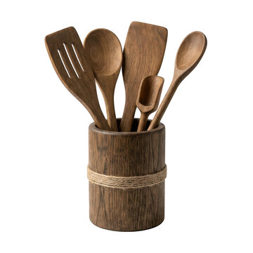 Wooden cooking utensils in wooden holder isolated on transparent background