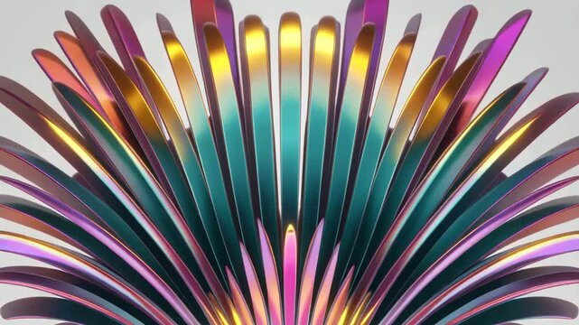 Metallic floral sculpture featuring vibrant iridescence and symmetrical layered petals rising smoothly from a white background provides a futuristic decorative element for creative layouts.