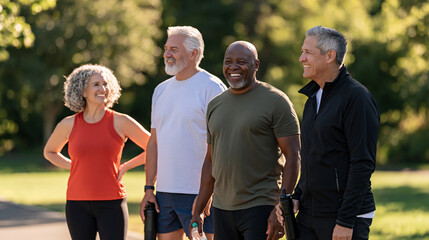 Fototapeta premium Diverse senior adults celebrating healthy aging together after an outdoor workout, smiling, stretching and sharing water in a beautiful green park, active retirement, senior