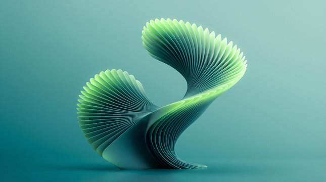 Abstract 3d sculpture with layered green curves and flowing organic shapes on a soft teal gradient background