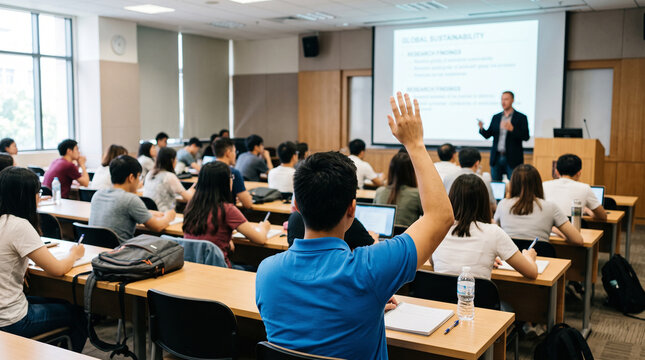 University student raising hand to ask a question during a lecture in a classroom