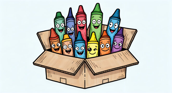 Cute Cartoon Crayon Characters with Happy Faces in a Cardboard Box