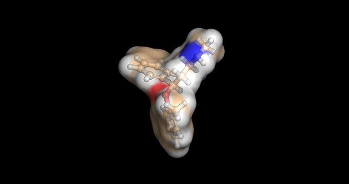Atomoxetine (Strattera), selective norepinephrine reuptake inhibitor (SNRI) used as a non-stimulant medication for attention deficit hyperactivity disorder (ADHD), 3D molecule spinning, 4K