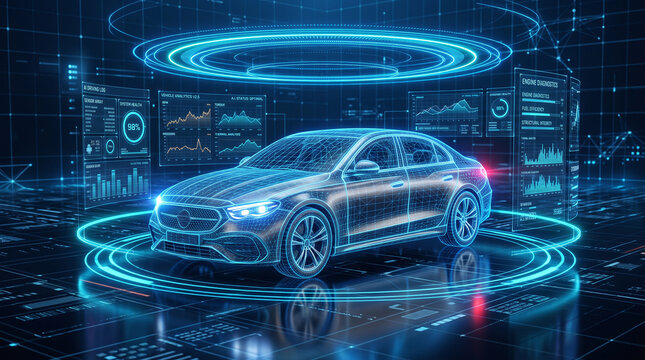 Digital wireframe of a modern luxury car with holographic data analytics and engine diagnostics interface