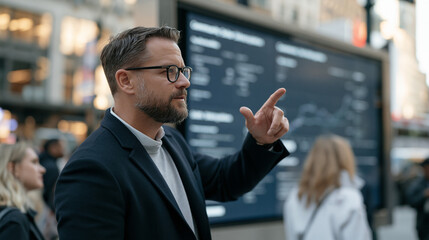 Fototapeta premium A machine learning specialist presents community solar subscription data on a large urban billboard screen, busy city backdrop, artificial intelligence energy modeling, tech