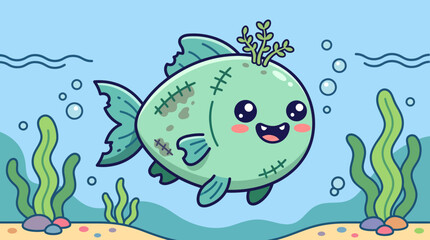 Obraz premium Cute cartoon zombie fish swimming underwater with bubbles and seaweed