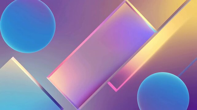 Geometric shapes featuring glass rectangles and floating blue spheres overlap gracefully across a glowing purple and golden gradient modern background.