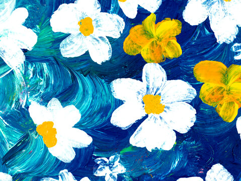 Abstract white flowers, original hand drawn, impressionism style