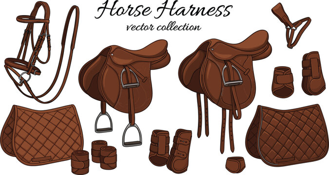 Leather Horse Harness and Saddle Vector Collection with English Bridle Stirrups Quilted Pads and Protective Leg Boots for Equestrian Sports (20 words)
