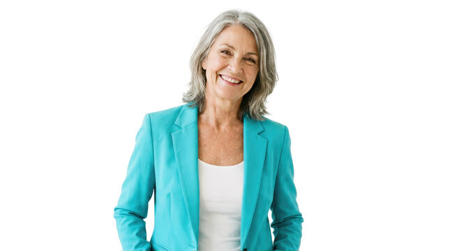 Senior businesswoman portrait in turquoise blazer, confident professional headshot. Smiling mature woman isolated on white