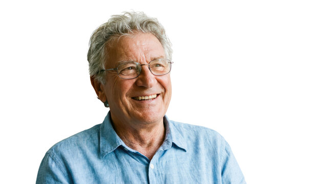 Smiling senior man portrait, happy elderly male in blue shirt, friendly older adult with glasses, white background headshot