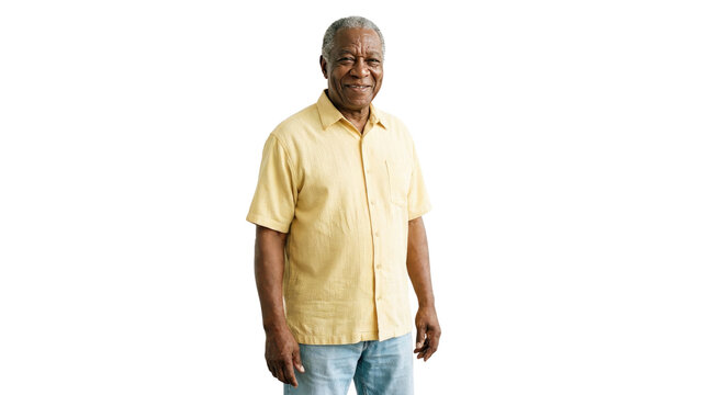 Senior man in yellow shirt standing, casual full-length portrait on white background, isolated mature adult studio photo