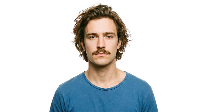 Studio portrait of young man with mustache, messy brown hair and blue t-shirt on white background. Male headshot photo