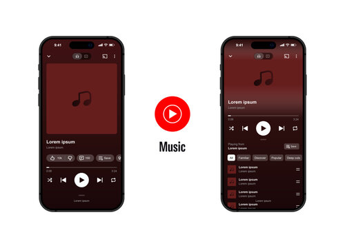 Youtube music streaming service app mockup with player interface mobile display on smartphone screen template design for digital audio playback media library ui ux track