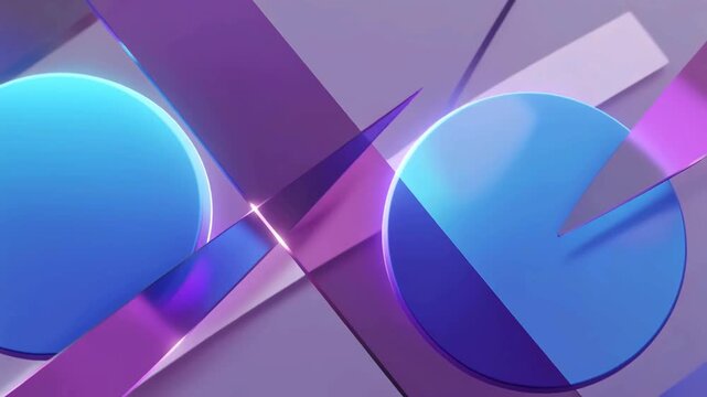 Blue circular shapes and transparent geometric layers in shades of purple and pink overlap to create a modern abstract composition with subtle lighting and soft shadows.