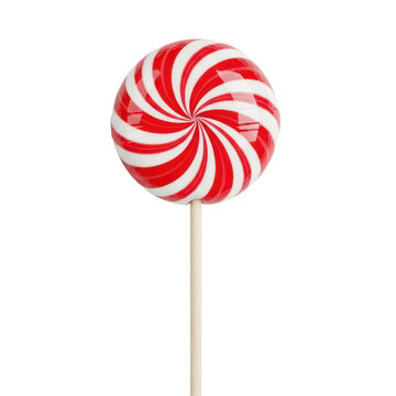 Red and white swirl lollipop candy on a stick isolated on transparent background