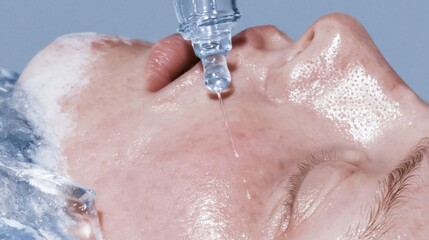 Fototapeta premium Woman receiving a serum drop from a glass dropper, featuring glowing dewy skin and wet textures for skincare and beauty advertising
