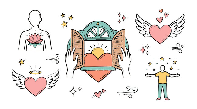 Spiritual Wellness and Mental Healing Doodle Icon Set Featuring Open Window to Soul Heart with Wings Lotus and Positive Mindset Symbol Illustrations