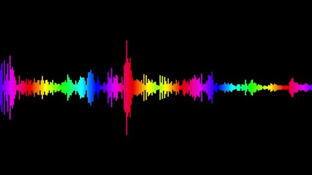 Vibrant rainbow audio waveform equalizer animation on black background, spectrum sound