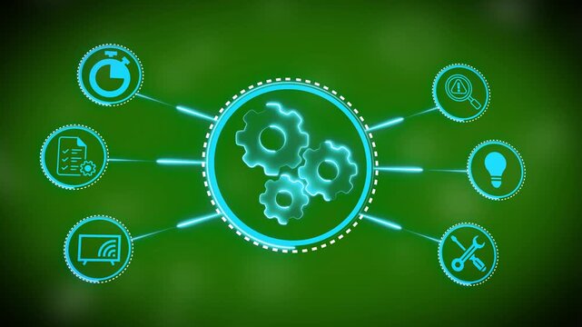 Digital business process optimization infographic with animated gear mechanism and workflow management