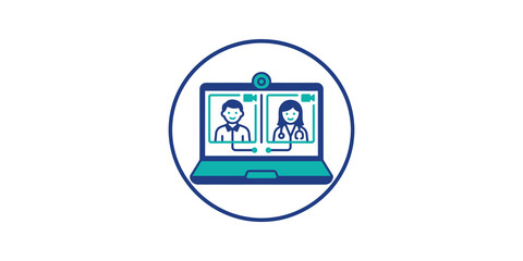 Telemedicine video call flat icon showing doctor patient on laptop screen. © SAJID