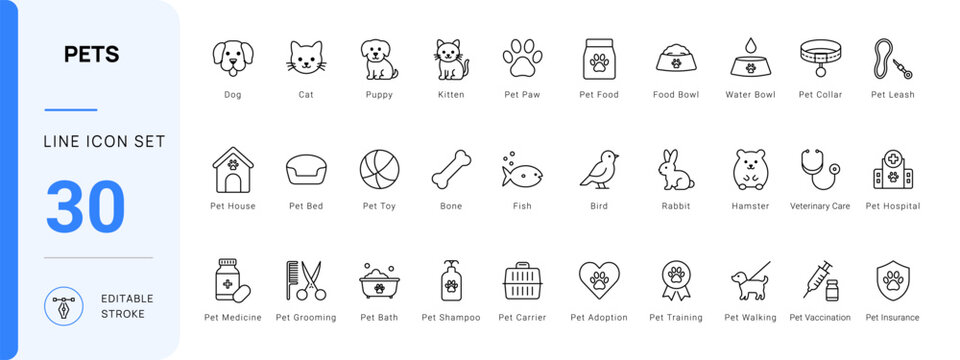pets animals pet care icon line style editable stroke vector set