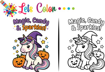 Fototapeta premium Cute Halloween Unicorn with Witch Hat and Pumpkin Color and Outline Illustration Set 